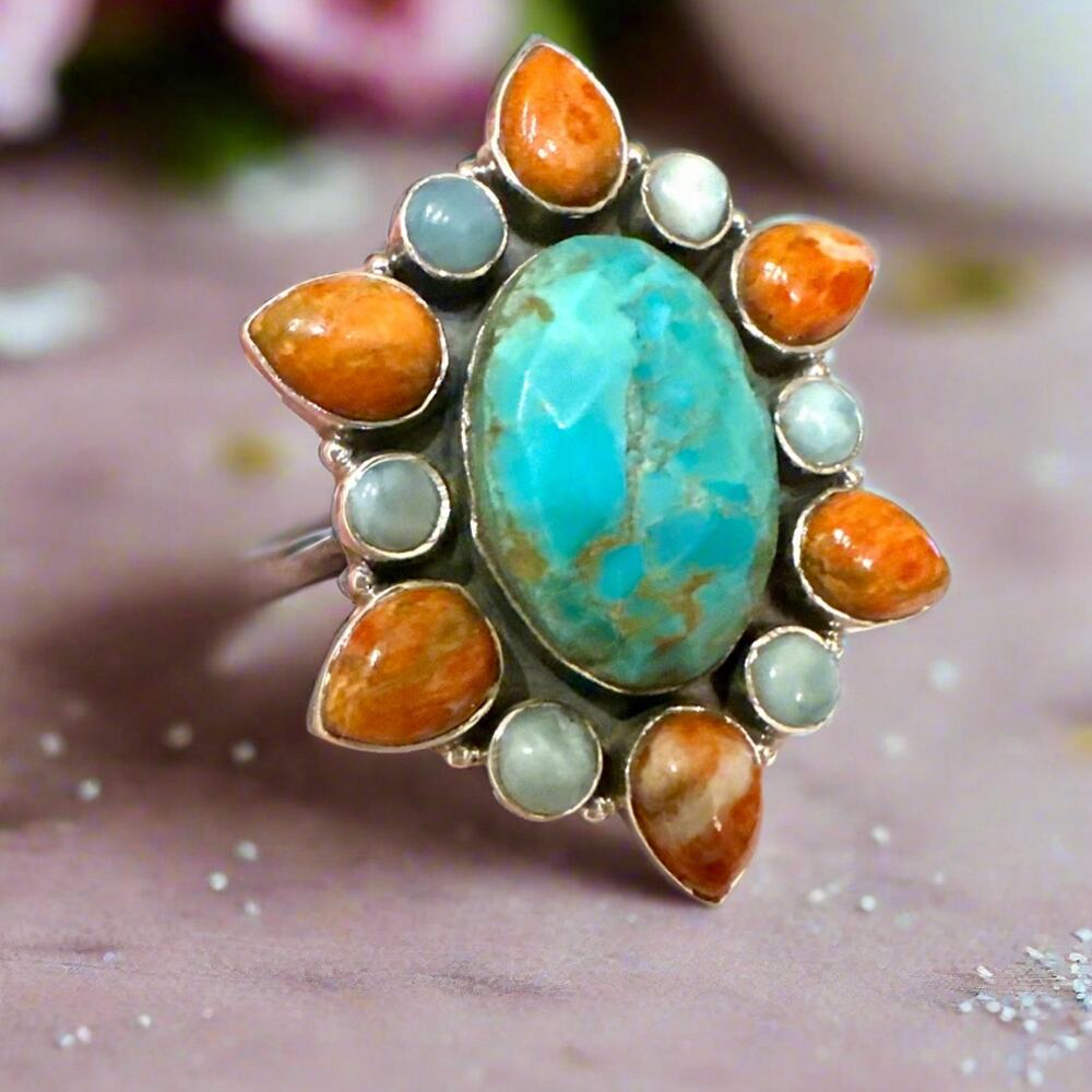 Faceted Mohave Turquoise Spiny Oyster & Larimar Statement Ring 1.75” Long - Picture 3 of 5